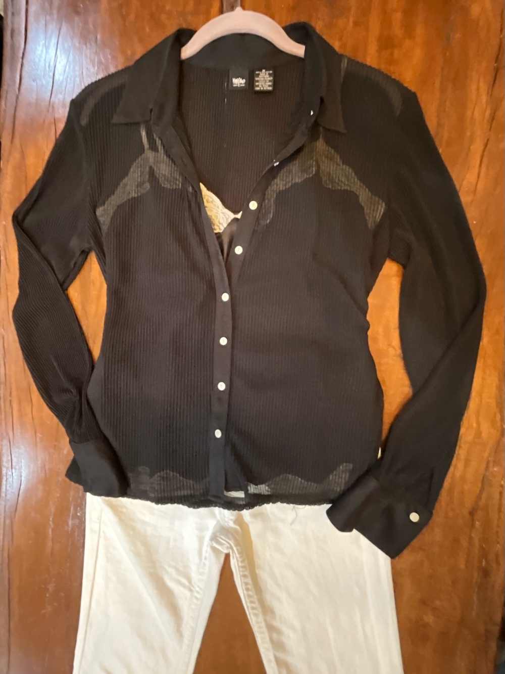 Massimo Black Ribbed Semi Sheer Button up Top. Sz M